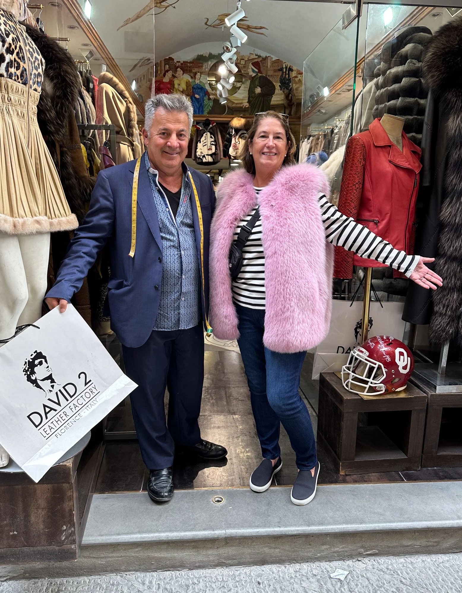 Patricia with owner of the David 2 Leather Factory, modeling a fur vest (no, she didn’t buy this one). Lot of celebs have purchased coats from Franco, so why not Patricia and Bev?