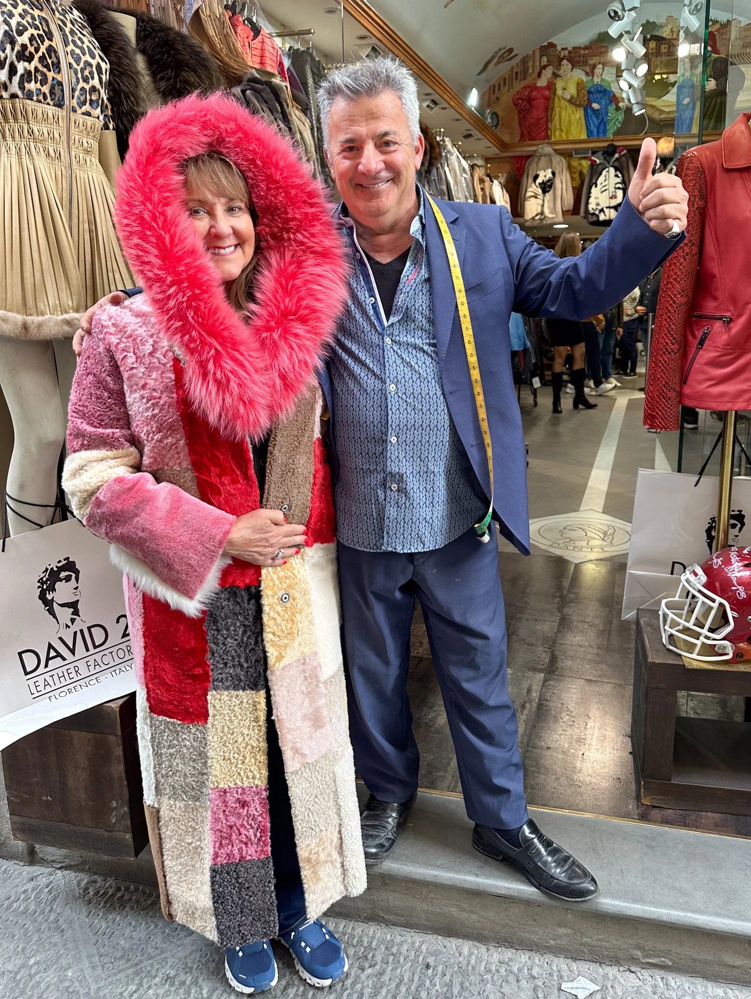 Bev in a (very fancy) coat of many colors Franco picked out for her. No, she didn’t buy it.